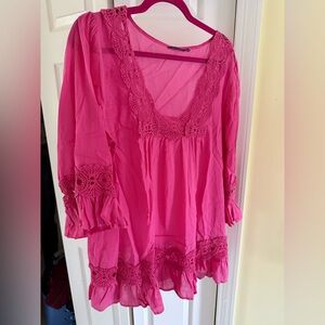 Amita Naithani-Ruffled Swim Cover-Up Mini Dress w/crochet trim, Pink, Size XL